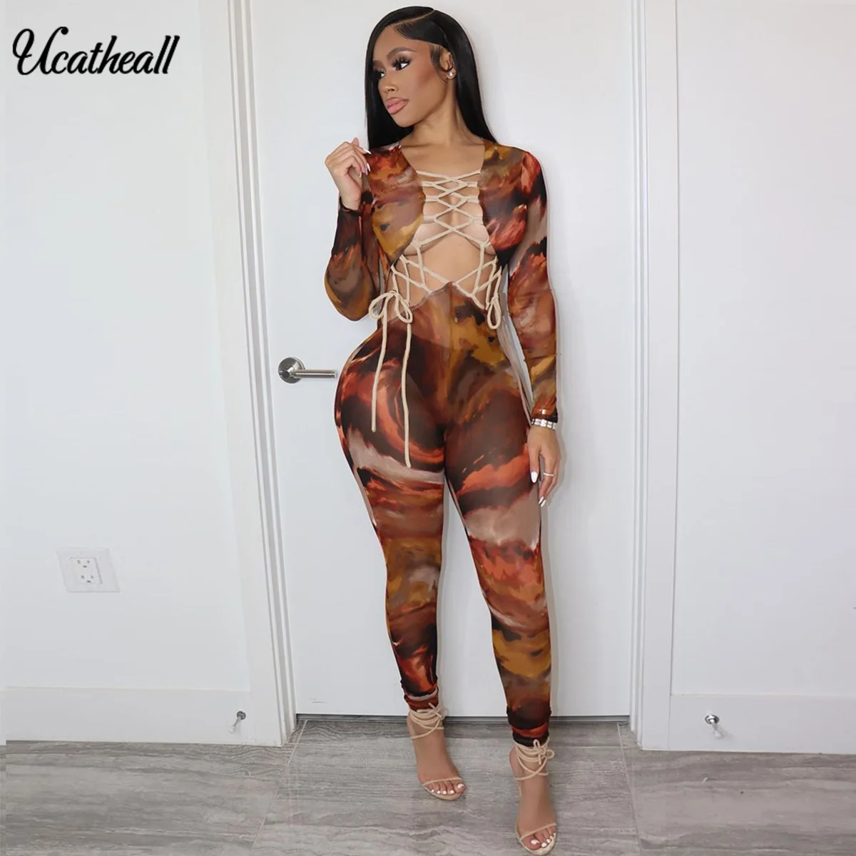Spring Tie Dye Print Casual Jumpsuits Women Sexy Hollow Out Long Sleeve V-neck Skinny Jumpsuit Women Lace Up Female Overalls 
Spring Tie Dye Print Casual Jumpsuits Women Sexy Hollow Out Long Sleeve V-neck Skinny Jumpsuit Women Lace Up Female Overalls