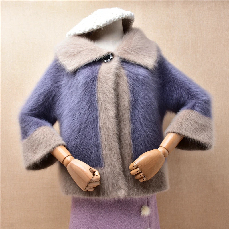 

Female Women Fall Winter Colored Hairy Mink Cashmere Knitted Three Quarter Sleeves Turn-Down Neck Short Cardigans Sweater Jacket