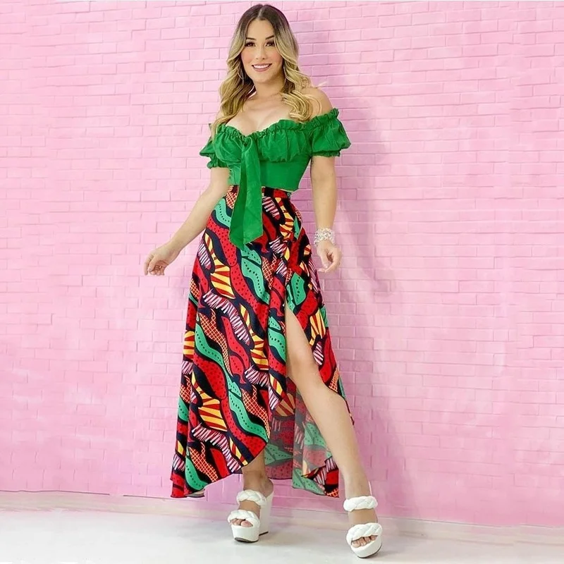 Women Printed Slim Suit Women 2 Piece Set Short Puff Sleeve Strapless Slash Neck Short Top High Waist Slit Irregular Skirt Suit
Women Printed Slim Suit Women 2 Piece Set Short Puff Sleeve Strapless Slash Neck Short Top High Waist Slit Irregular Skirt Suit