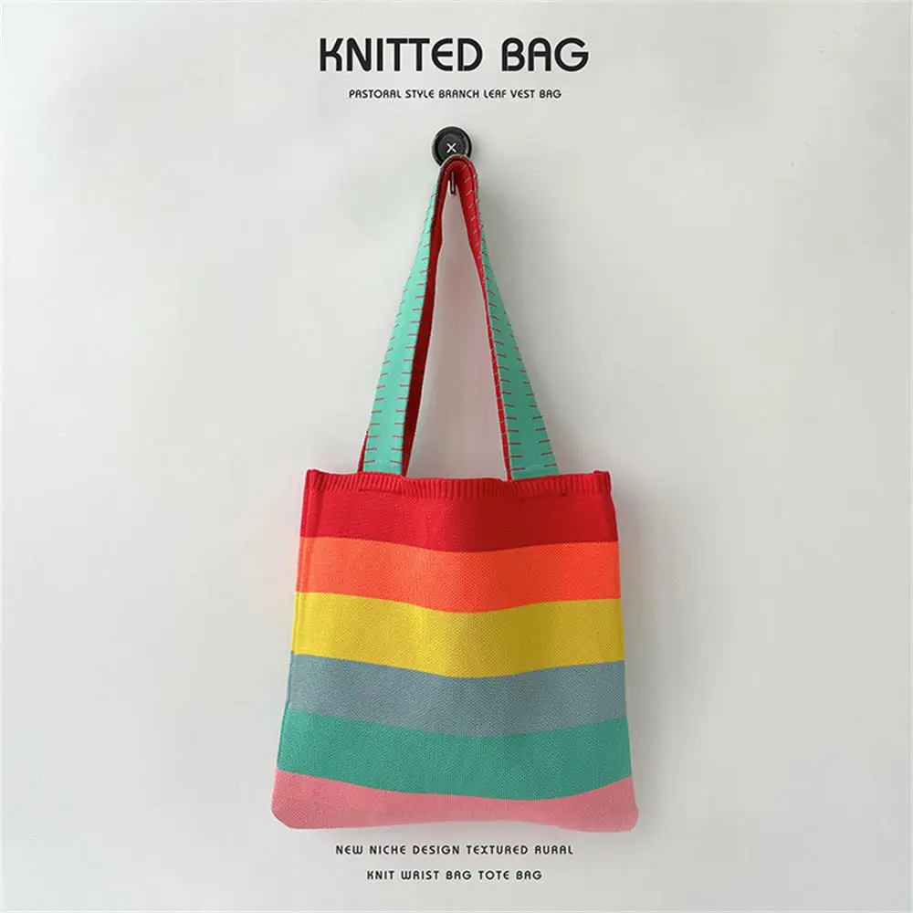 

New Rainbow Contrast Color Striped Handbag Y2k Korean Style Shoulder Bag Knit Eco Friendly Shopper Tote Handwoven Cute Beach Bag