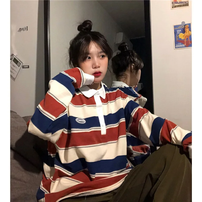 Retro Striped Hit Color Sweatshirt Polo Collar Pullover Female Oversized Sweatshirt Harajuku Style Ladies Vintage Preppy Top
Retro Striped Hit Color Sweatshirt Polo Collar Pullover Female Oversized Sweatshirt Harajuku Style Ladies Vintage Preppy Top