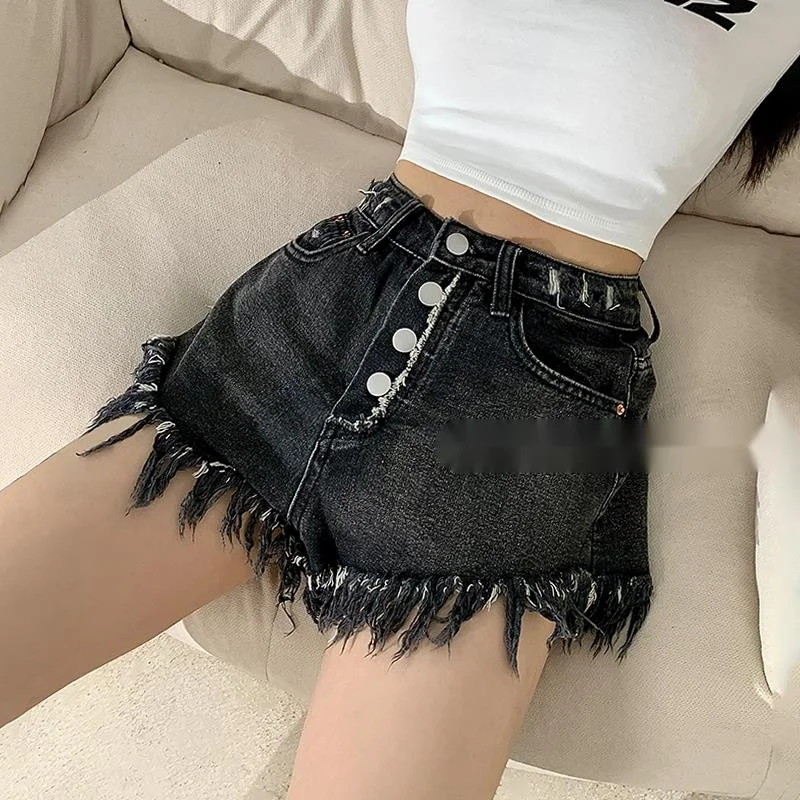 Женские джинсовые шорты с кисточками, с высокой талией, на пуговицах 
Женские джинсовые шорты с кисточками, с высокой талией, на пуговицах