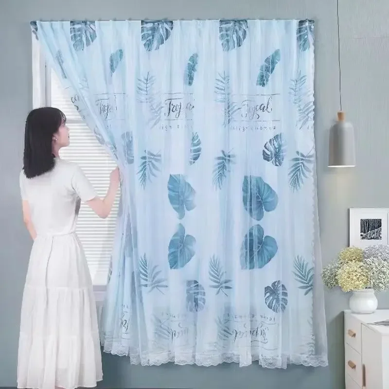 

4397-STB- Pom Pom Tasseled Sheer Curtains for Bedroom Farmhouse Faux Linen Semi-Voile Transparent Bay Window Drapes