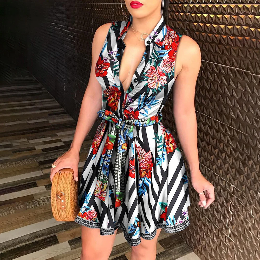 Ladies Spring Summer V-neck Tie Dress Fashion Print Sleeveless Sexy Party Fall Costume
Ladies Spring Summer V-neck Tie Dress Fashion Print Sleeveless Sexy Party Fall Costume