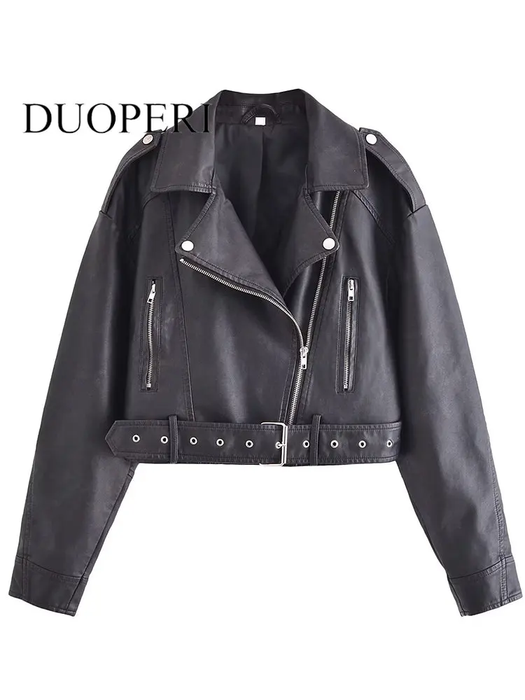 DUOPERI Women Fashion With Belt PU Solid Front Zipper Jackets Vintage Long Sleeves Lapel Neck Female Chic Lady Outfits
DUOPERI Women Fashion With Belt PU Solid Front Zipper Jackets Vintage Long Sleeves Lapel Neck Female Chic Lady Outfits