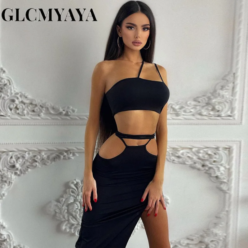 

GLCMYAYA Fashion Skew Collar Sleeveless Strapless Women Tee Tops Dress Sets 2023 Lace-up Spliced Slit Asymmetrical 2 Piece Set