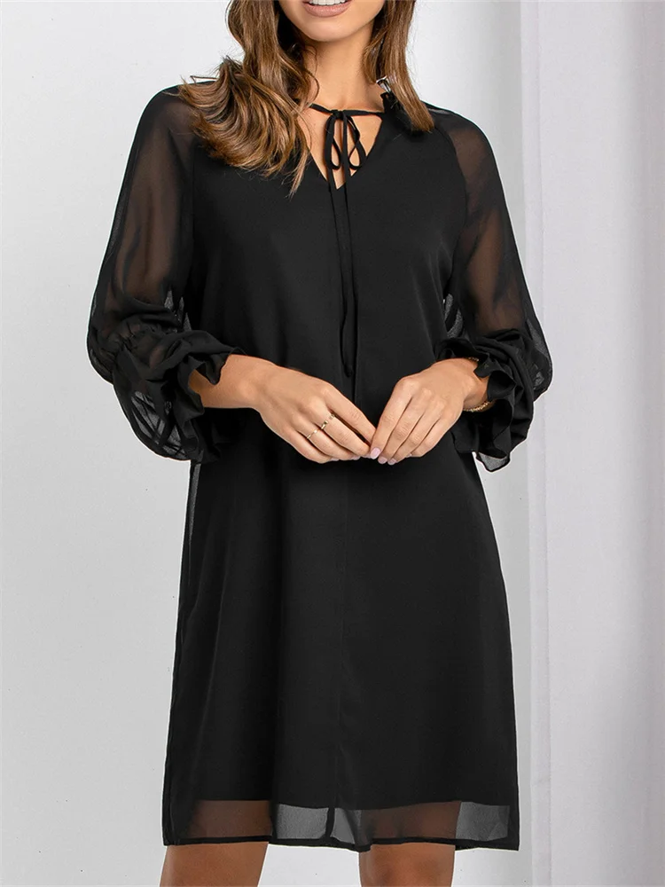 CHRONSTYLE Elegant Women Short Dress Solid Color V-neck Mesh See Through Long Sleeve Tie-Up Ruffles Loose Spring Autumn Vestidos
CHRONSTYLE Elegant Women Short Dress Solid Color V-neck Mesh See Through Long Sleeve Tie-Up Ruffles Loose Spring Autumn Vestidos
