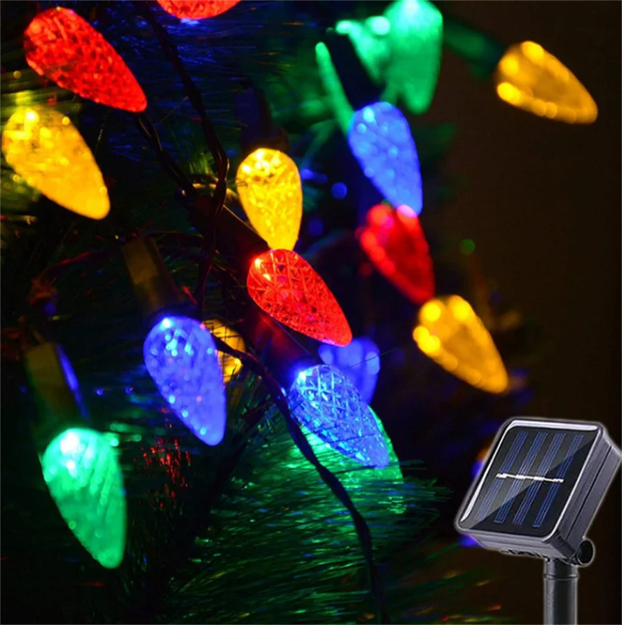 

50/100 LED Multicolored C6 Solar String Light Garland Outdoor Christmas Strawberry String Light 8 Mode for Patio Xmas Tree Decor