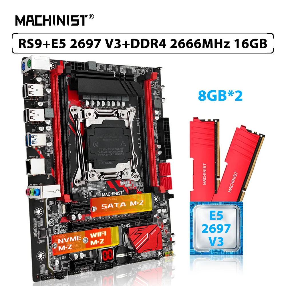 

MACHINIST X99 RS9 комплект материнской платы LGA 2011-3 комплект Xeon E5 2697 V3 процессор 16 ГБ = 2*8 ГБ 2666 МГц DDR4 ОЗУ память NVME M.2 SATA