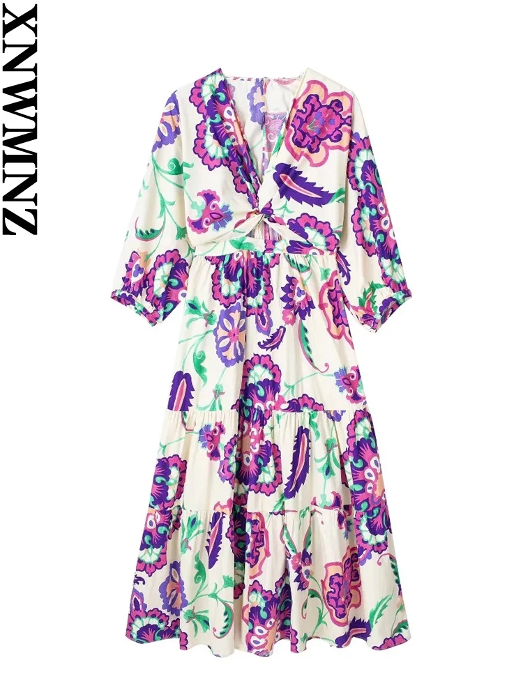 

XNWMNZ 2023 Women Fashion Printed Poplin Dress Vacation V-neck Waist Front Slit Tied Back Ruffled Hem Female Midi Dresses