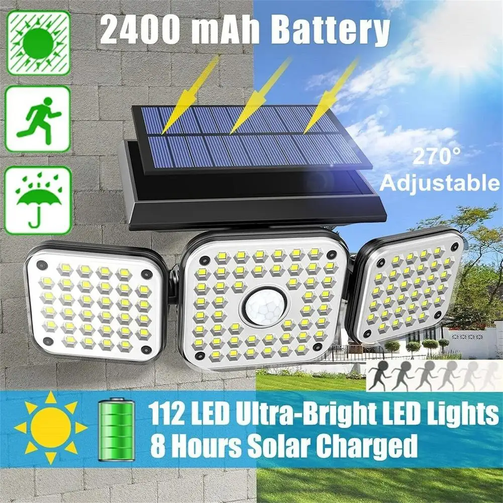 112 LED Solar Lamp 3 Modes Outdoor Waterproof Motion Sensor Wall Light 360 Degree Rotating Spotlight
112 LED Solar Lamp 3 Modes Outdoor Waterproof Motion Sensor Wall Light 360 Degree Rotating Spotlight