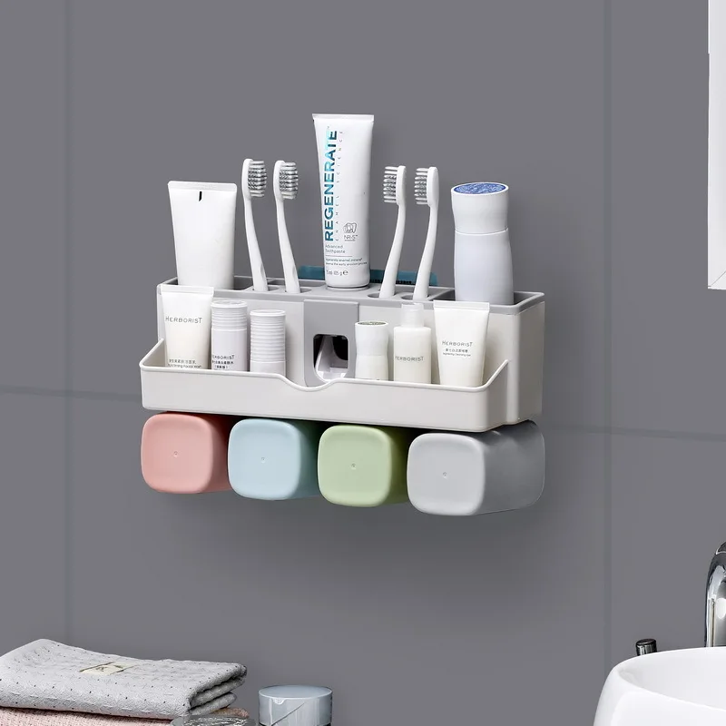 

Стойка для зубных щёток в ванную комнату, настенный набор для мытья в ванной комнате без перфорации, автоматическая выжималка для зубной пасты, стакан для полоскания рта.