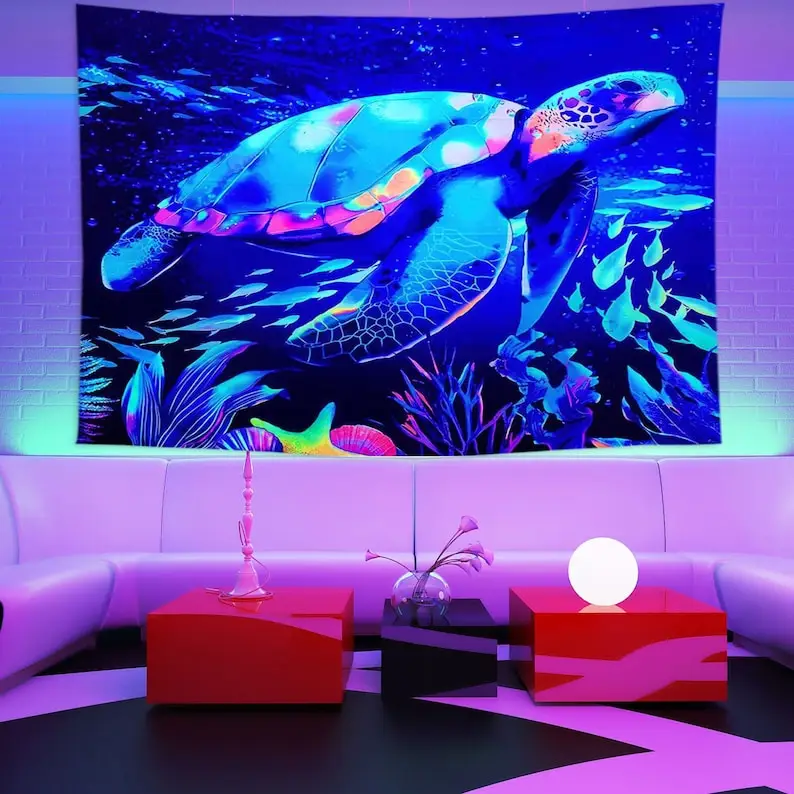 

Sea Turtle Blacklight Tapestry UV Reactive Tapestry Fluorescent Aesthetic Art Wall Hanging Tapestries Dorm Room Home Decor