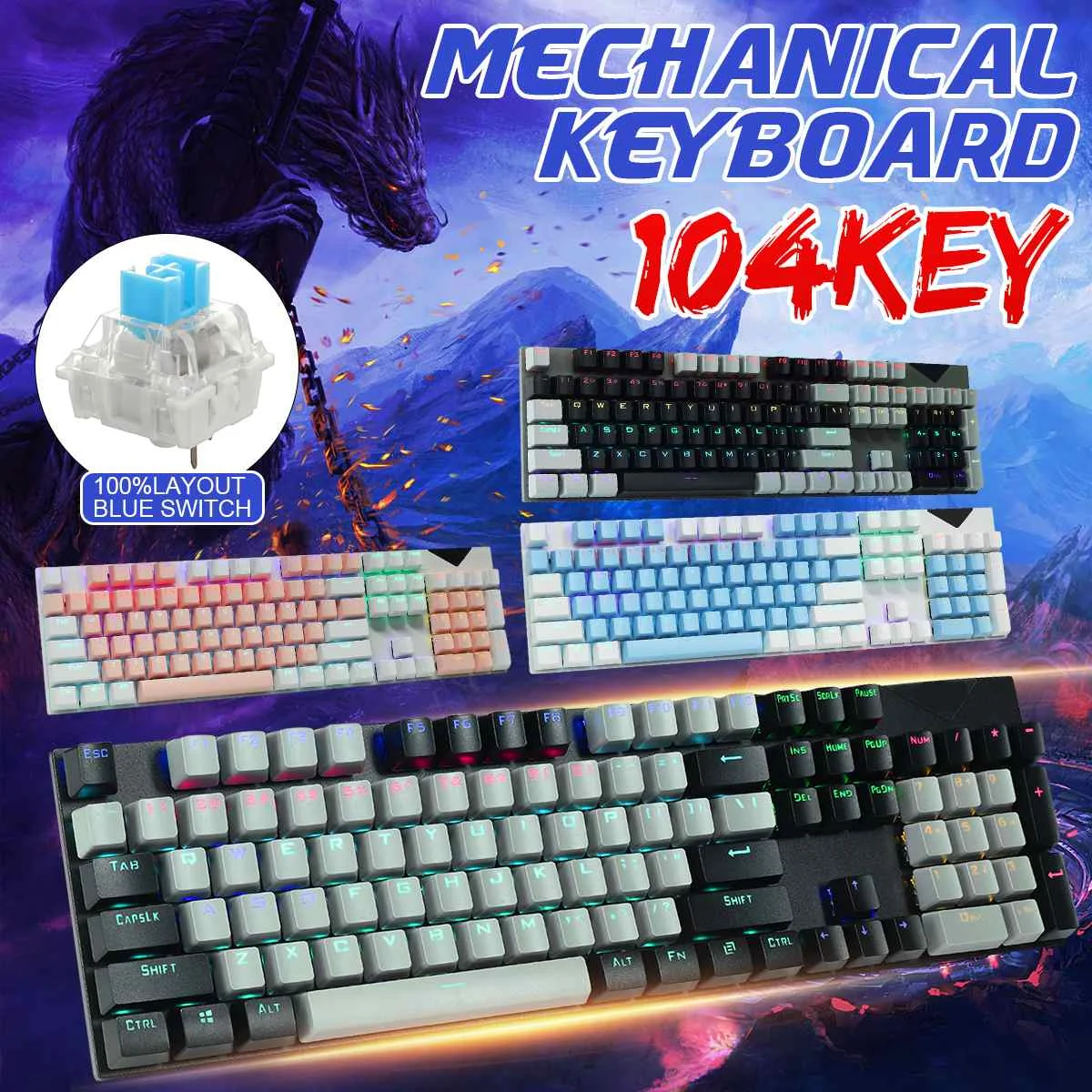KB168 104 Keys Blue Switch Mechanical Keyboard Metal Panel Suspend Keycap RGB Backlit Keyboard Gaming Gamer keyboard 4 Colors
KB168 104 Keys Blue Switch Mechanical Keyboard Metal Panel Suspend Keycap RGB Backlit Keyboard Gaming Gamer keyboard 4 Colors