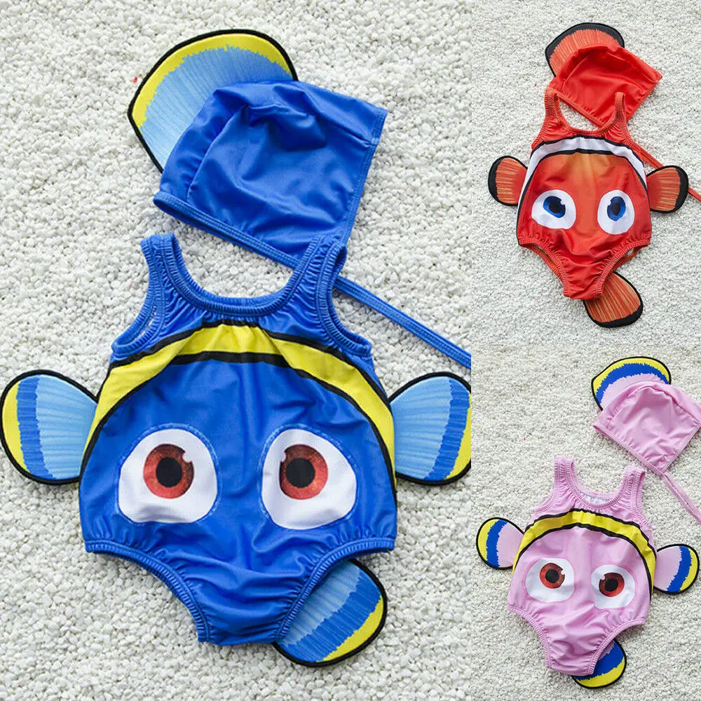 

Baby Boys Girls Cute Cartoon Goldfish Print Swimsuits with Hat 1-6Y Toddler Kids Children Summer Swimwear Bathing Suit Beachwear