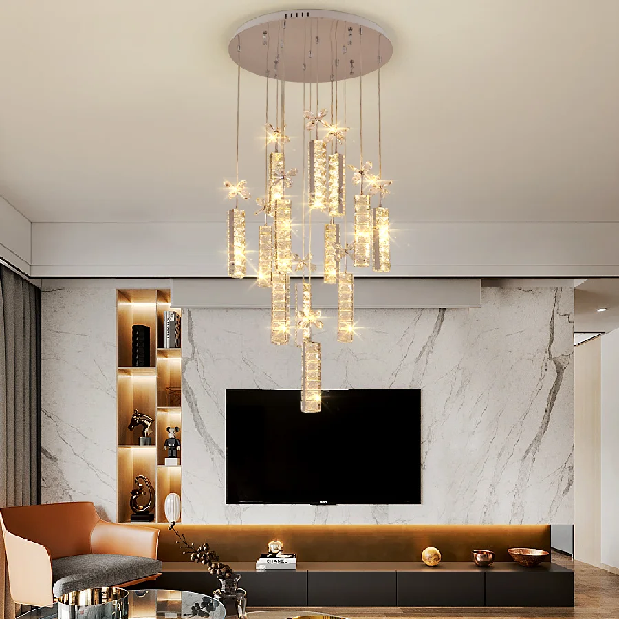 

Large Luxury K9 Crystal LED Chandelier Lighting Fixture Rings Dimond Pendant Hanging Indoor Lamp Stair Hall E14 Chrome Cristal