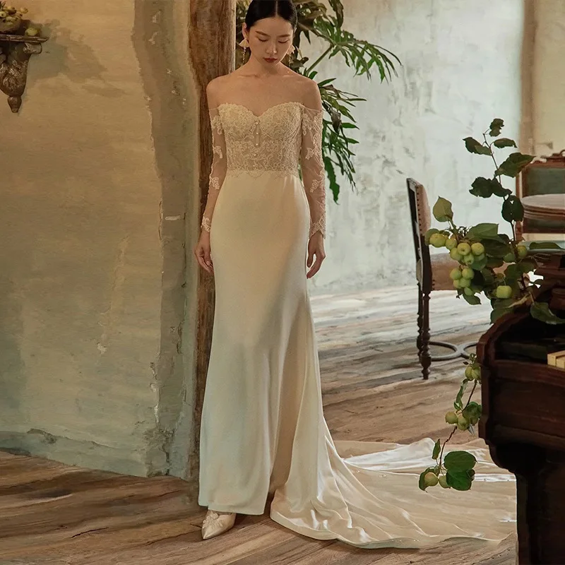 Elegant Lace Vestido De Novia Manga Larga Sexy Boat Neck Backless Mermaid Wedding Dresses Satin Robe De Mariee With Small Train
Elegant Lace Vestido De Novia Manga Larga Sexy Boat Neck Backless Mermaid Wedding Dresses Satin Robe De Mariee With Small Train