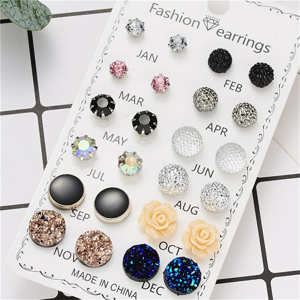 

12 Pairs/Set Round Rhinestone Flower Stud Earring Set for Women Jewelry Accessories Month Jan-Dec Piercing Ball Stud Earring Kit
