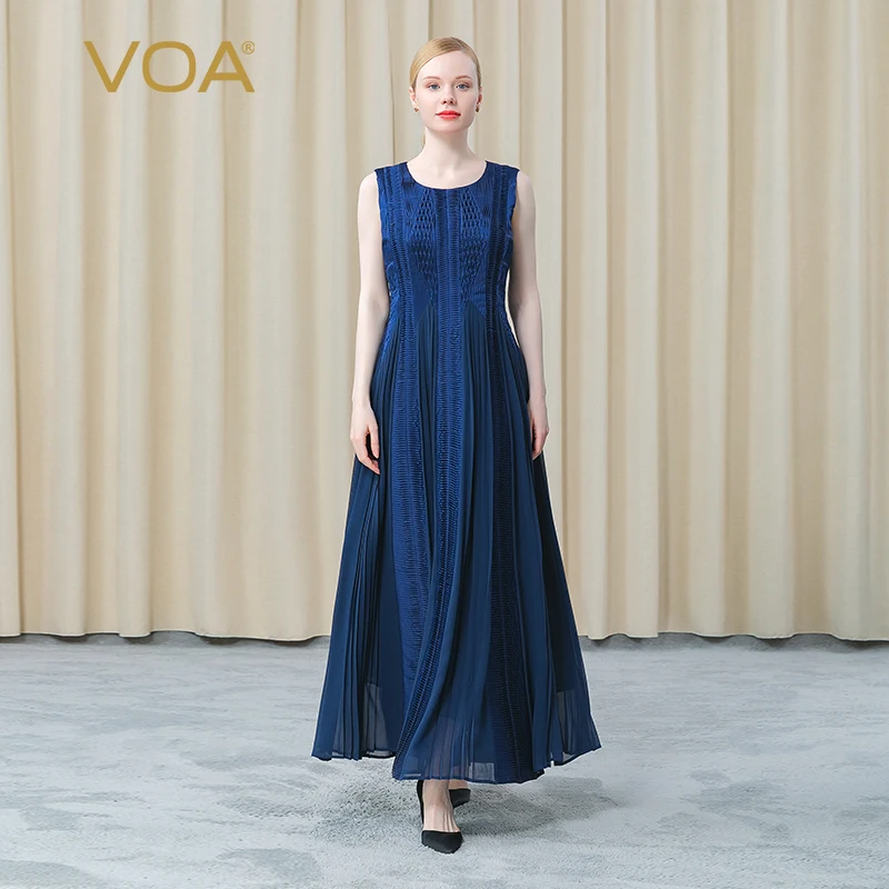 VOA Silk Party Dresses Deep Sea Blue O-Neck Sleeveless Tucker Pleat Design Georgette Maxi Summer Women's Dress 2021 AE769
VOA Silk Party Dresses Deep Sea Blue O-Neck Sleeveless Tucker Pleat Design Georgette Maxi Summer Women's Dress 2021 AE769