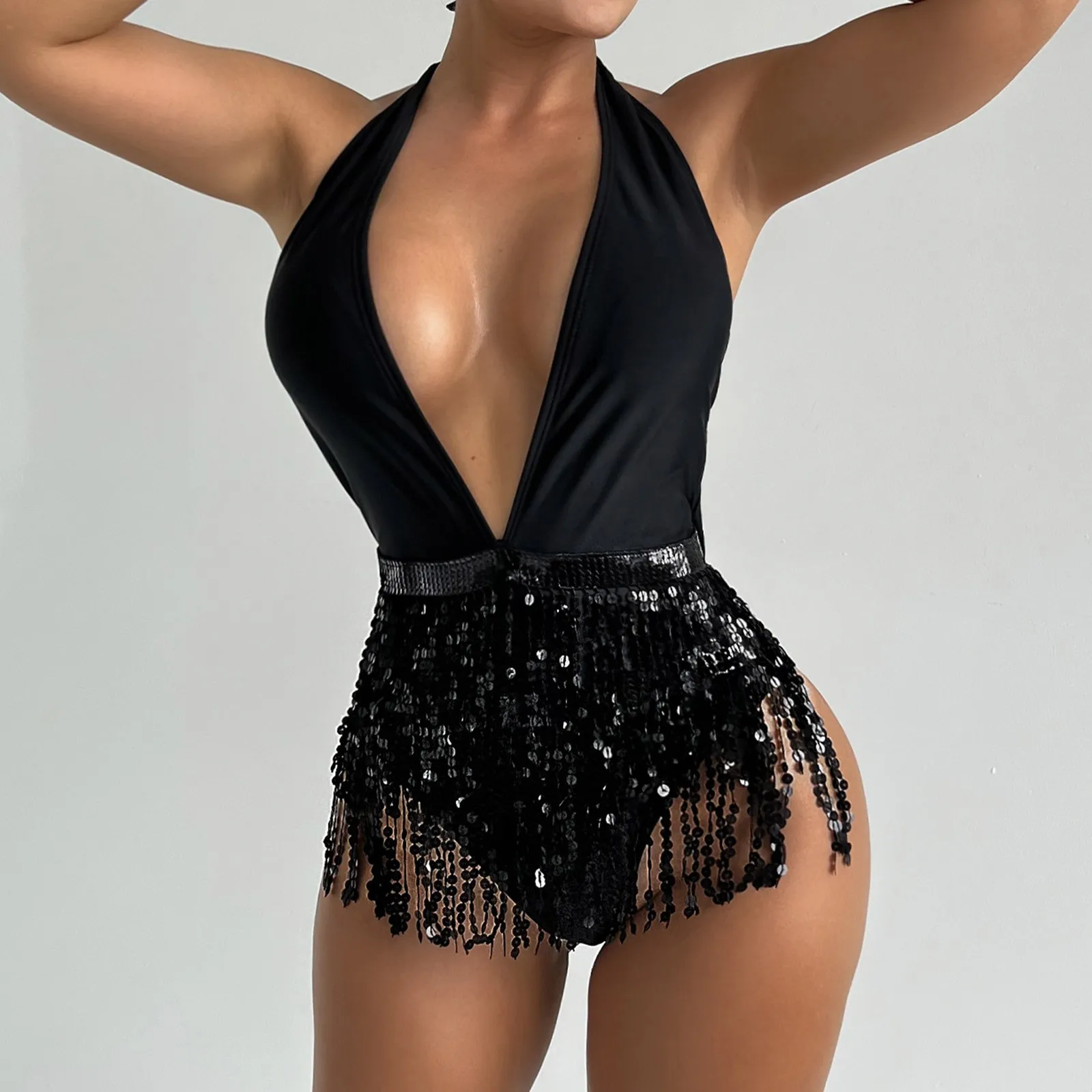 

Deep V Bikini Tassels Bodysuits Swimsuits Women Black Halter Backless Swimwear One Piece Summer Party Beachwear Bathing Suit