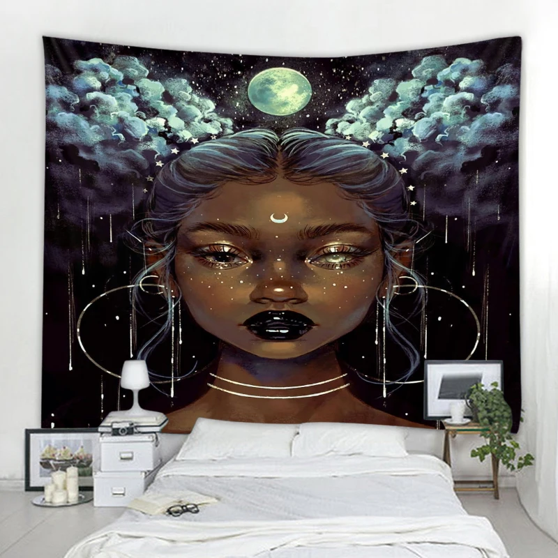 

Moon Goddess Black Girl Background Decorative Tapestry Nordic Bohemian Hippie Wall Decor Tapestry Bedroom Living Room Background