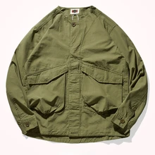 Collar-free mens fashion youth Japanese retro frock shirt jacket made of old washed pocket frock jacket