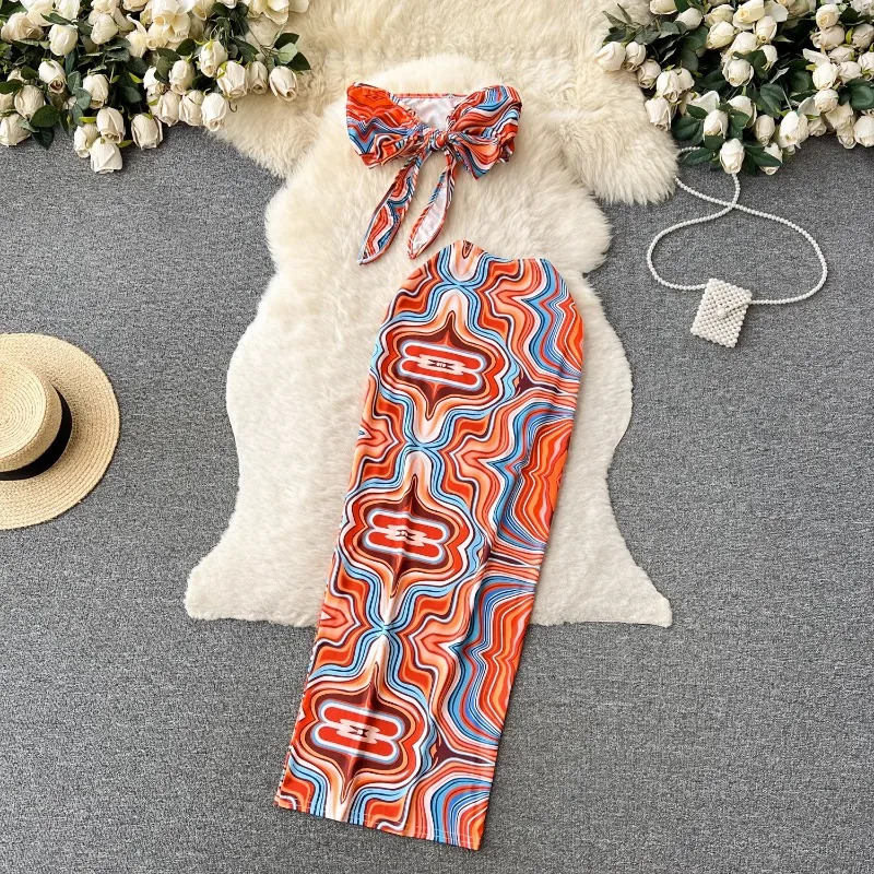 Summer Women's Set 2023 New Holiday Bow Mini Open Navel Print Strap Bra+High Waist Slim Fit Long Dress 2-Piece Set for Women
Summer Women's Set 2023 New Holiday Bow Mini Open Navel Print Strap Bra+High Waist Slim Fit Long Dress 2-Piece Set for Women