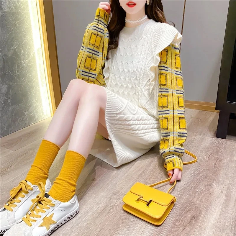 Fake two-piece mid-length Knitting sweater women's 2022 autumn new Korean version loose ruffled stitching pullover dress 625
Fake two-piece mid-length Knitting sweater women's 2022 autumn new Korean version loose ruffled stitching pullover dress 625