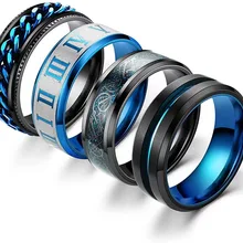 Simple 8mm Blue Groove Beveled Edge Stainless Steel Celtic Dragon Rings For Men Black Carbon Fibre Inlay Ring Men Wedding Bands