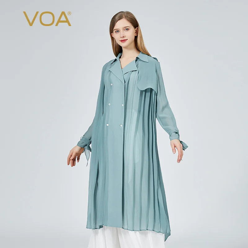 VOA 12 momme Georgette Mulberry Silk Cyan Blue Lapel Double-breasted Long-sleeve Breathable Sunscreen Thin Trench Coat FE263
VOA 12 momme Georgette Mulberry Silk Cyan Blue Lapel Double-breasted Long-sleeve Breathable Sunscreen Thin Trench Coat FE263