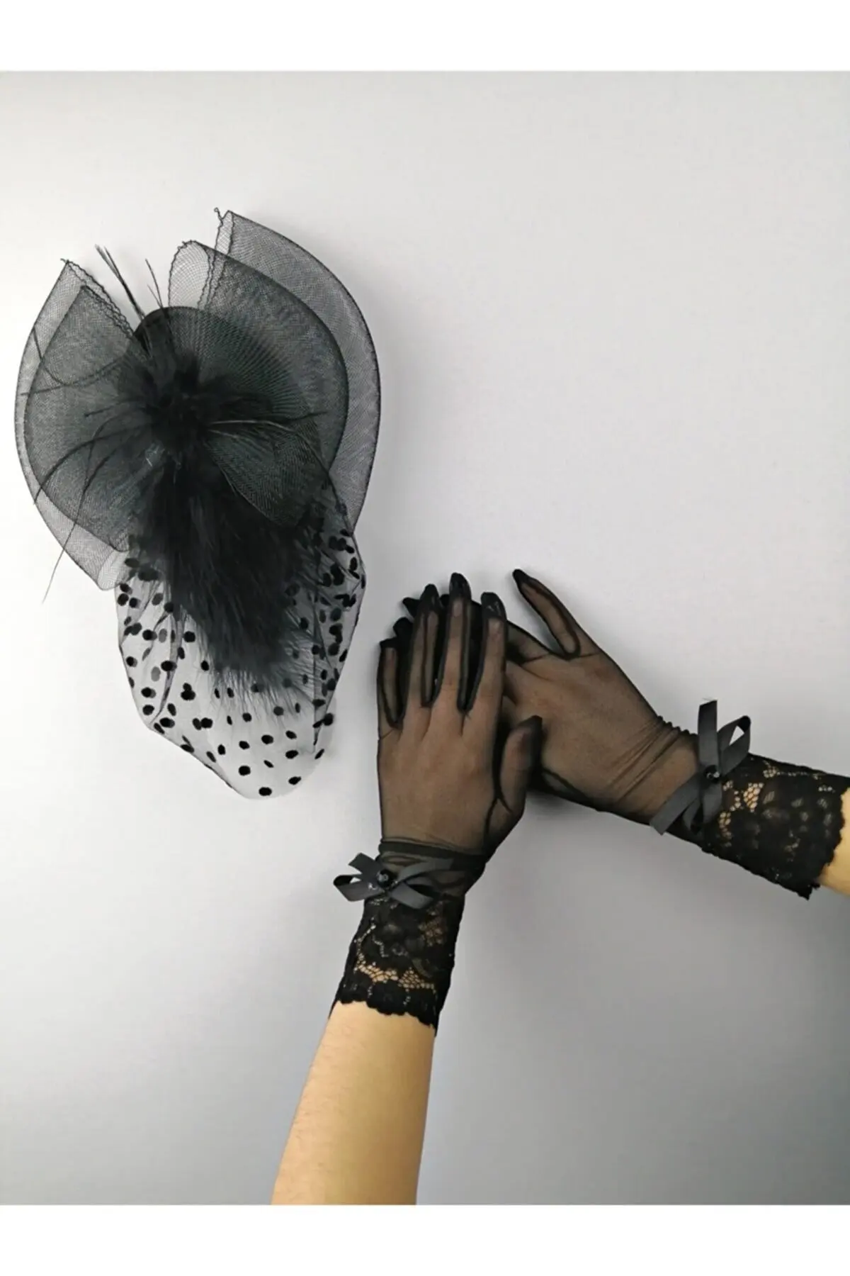 

Black Polka Dot Vualet And Black Bow Bridal Gloves Lace Mesh Bridal Transparent Elegant Fishnet Silk Tulle Guipure