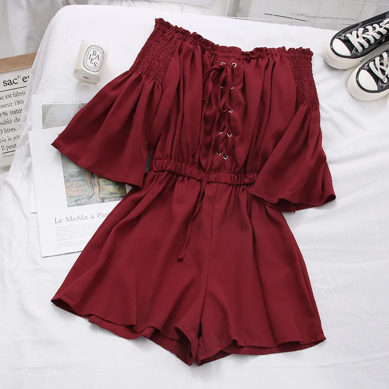 

Summer Fashion Women Bandage Playsuits Slash Neck Tie Bow Casual Jumpsuits Ladies Flare Short Sleeve Rompers Wide Leg Bodysuit