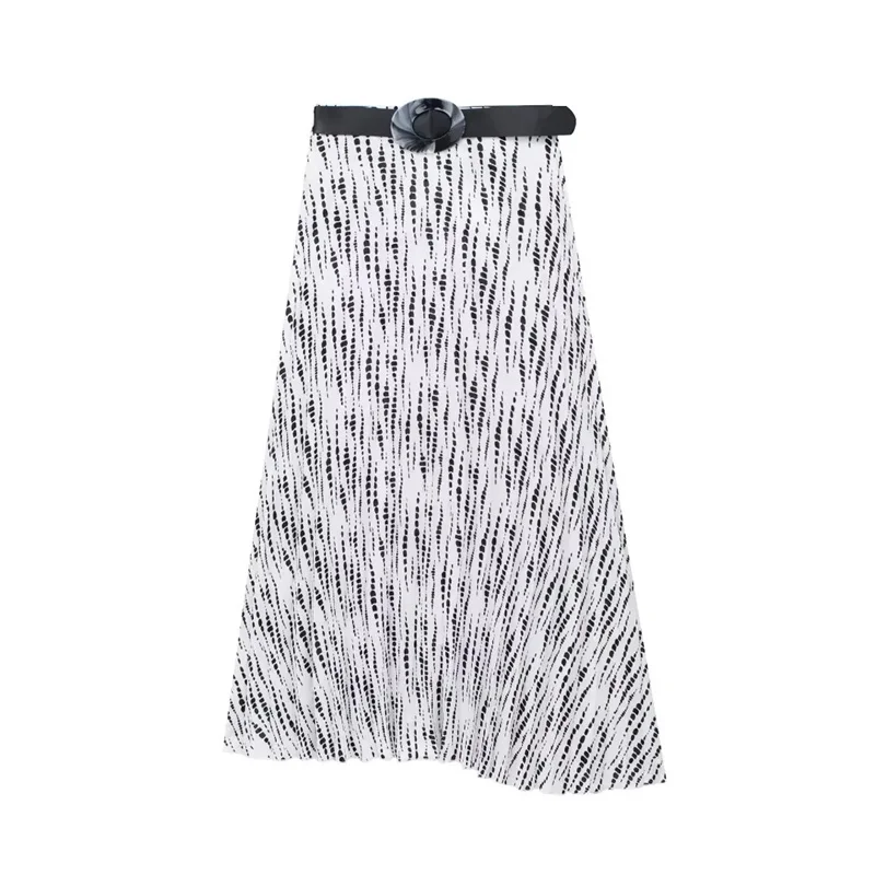 

TRAF Belted Printed Skirt For Woman 2023 Summer New Commuting Style Back Hidden In-seam Zip Closure High-waisted Midi Skirt