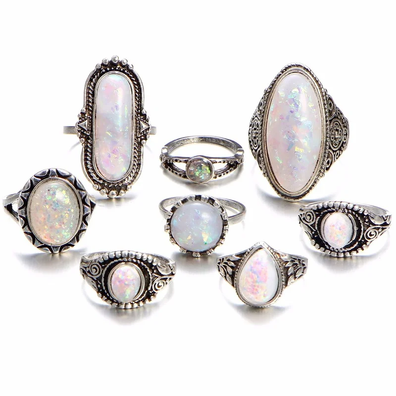 

European and American retro carved exaggerated gemstone 8-piece ring set combination ring jewelry