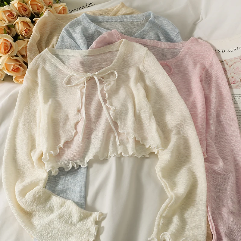 Women Frenum Cardigan Blouses and Tops Bow Lace Up Long Sleeve Crop Top Female Elegant Shirt Thin Aesthetic Clothes Korean Style
Women Frenum Cardigan Blouses and Tops Bow Lace Up Long Sleeve Crop Top Female Elegant Shirt Thin Aesthetic Clothes Korean Style