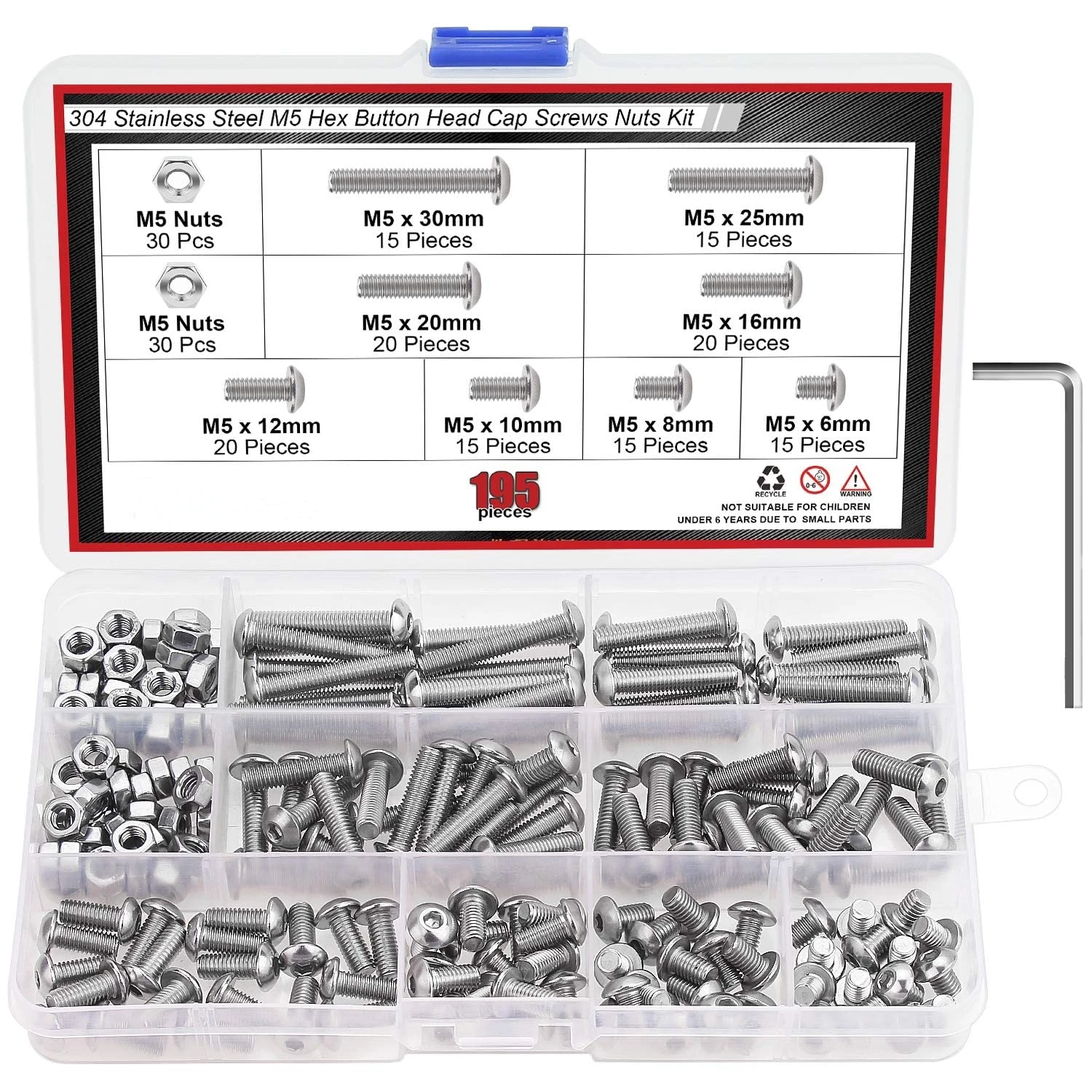 195Pcs M5x6/8/10/12/16/20/25/30mm Stainless Steel 304 Hex Button Head Cap Bolts and Nuts Kit
195Pcs M5x6/8/10/12/16/20/25/30mm Stainless Steel 304 Hex Button Head Cap Bolts and Nuts Kit