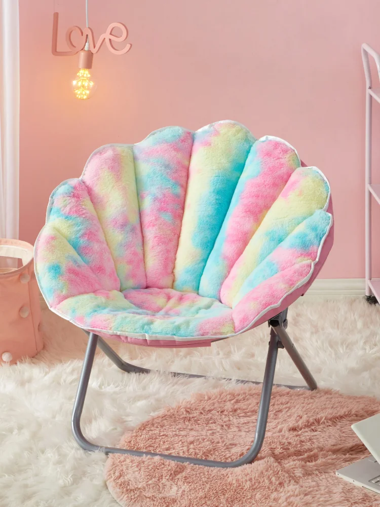 

Faux Fur Scallop Saucer™ Chair with Holographic Trim, Rainbow Tie Dye Pink Kids Sofa Kids Couch Cute Chair Princess Sofa