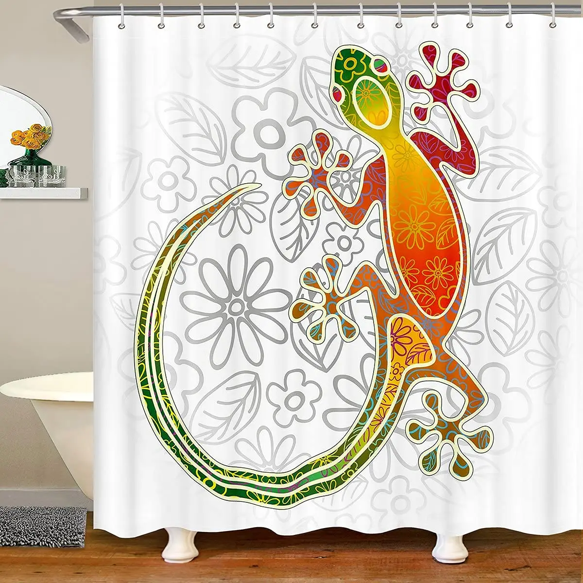 

Gecko Shower Curtain,Lizard Sunflower Bathroom Curtain,Reptiles Animal Waterproof Curtains Watercolor Modern Design Bath Curtain