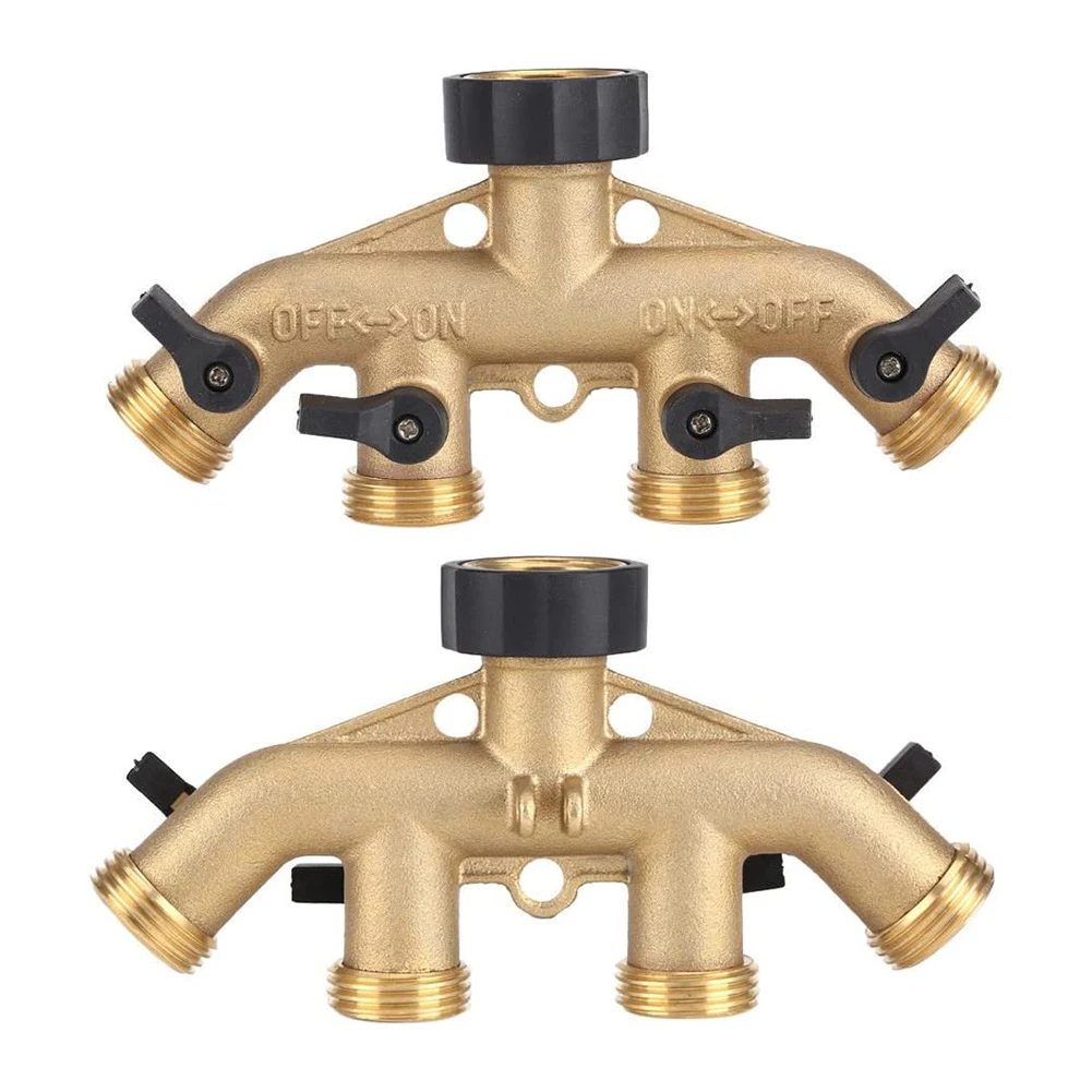 

4 Way Solid Brass Hose Splitter Connector With Shut Off Valves 3/4inch Faucets Adapter Switcher Connector Irrigation Watering