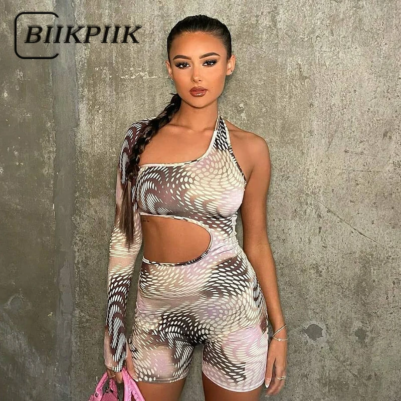 

BIIKPIIK Hollow Out Irregular-shaping Bodycon Rompers Women Playsuits One Shoulder Snakeskin Printing Club Elegant Sexy Playsuit