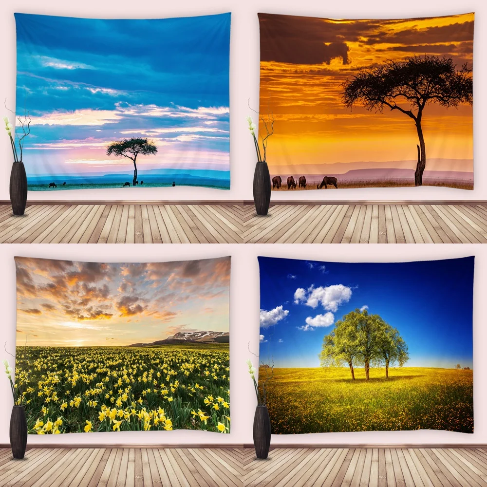 

Nature Tapestry Country Scenery Sunset Spring Flower Field Tree Farm Wall Hanging Tapestries for Bedroom Living Room Dorm Decor
