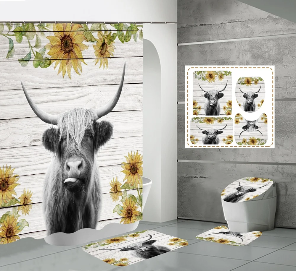 

Highland Cow Shower Curtains Sets Bathroom Mat Rug Funny Rustic Farmhouse Cattle Bull Farm Animal Sunflower Wooden Bath Curtains