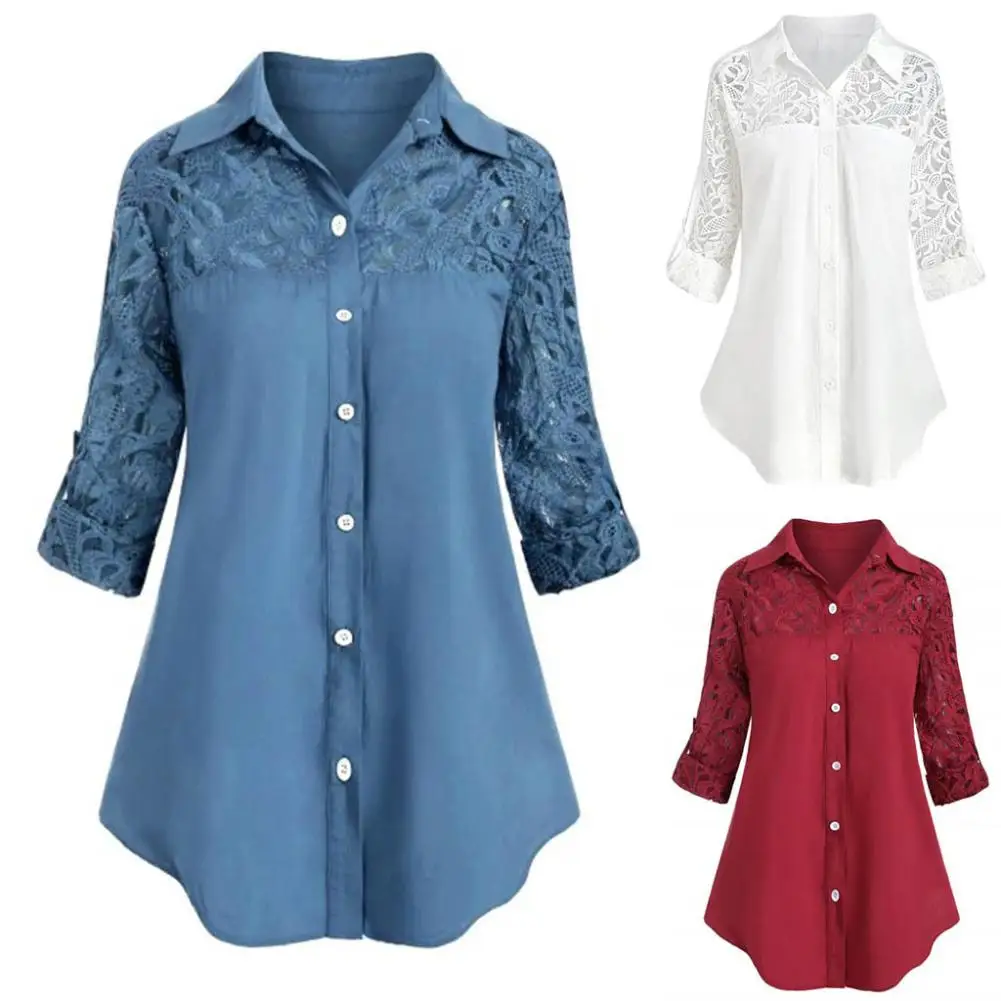 Women Casual Solid Color Turn Down Collar Lace Stitching Shirt blue /red Shirt Women Top blusas mujer de moda 2022 verano
Women Casual Solid Color Turn Down Collar Lace Stitching Shirt blue /red Shirt Women Top blusas mujer de moda 2022 verano