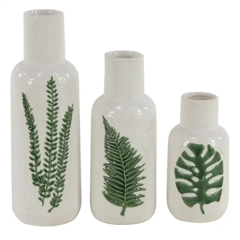 

12", 15"H Leaf White Ceramic Vase, Set of 3