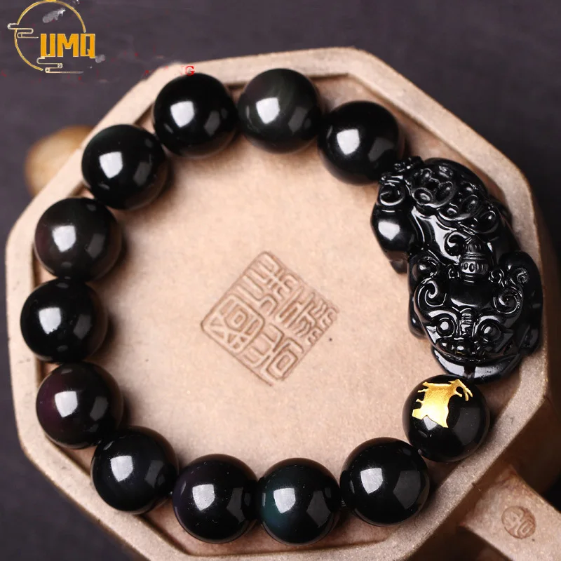 

High Quality Natural Semi-precious Stones Obsidian Black Male Bracelet & Bangles Men Unique Brave Lucky Transport Lovers Gift