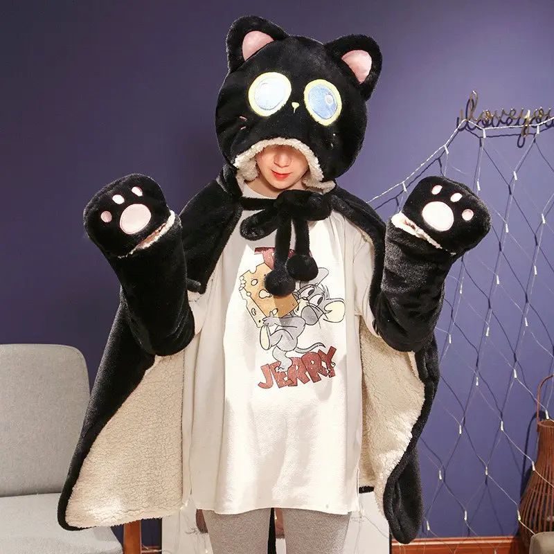 

Thickening Soft Sherpa Cloak Cute Black Cat Cape Plush Toy Cartoon Cloak Coral Fleece Air Conditioning Nap Blankets Great Gifts