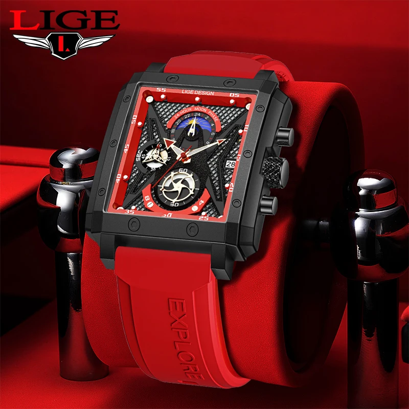 

2023 LIGE Men's Sports Chronograph Wrist Watch For Men Army Silicone strap Square Quartz Stop Watch Clock Man Relogios Masculino
