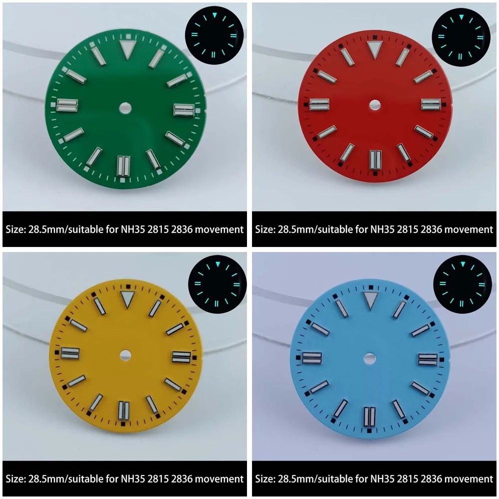 Miyota8215/ETA2836/NH35 movement watch modification replacement 28.5MM watch dial blue-green luminous watch dial customized logo
Miyota8215/ETA2836/NH35 movement watch modification replacement 28.5MM watch dial blue-green luminous watch dial customized logo