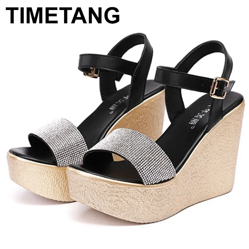 

11CM Women Summer Peep Toe Wedges Sandal Female Platform Shoe Muffin Bottom Sexy Buckle Plus Size Ladies Rhinestone Dress Sandal