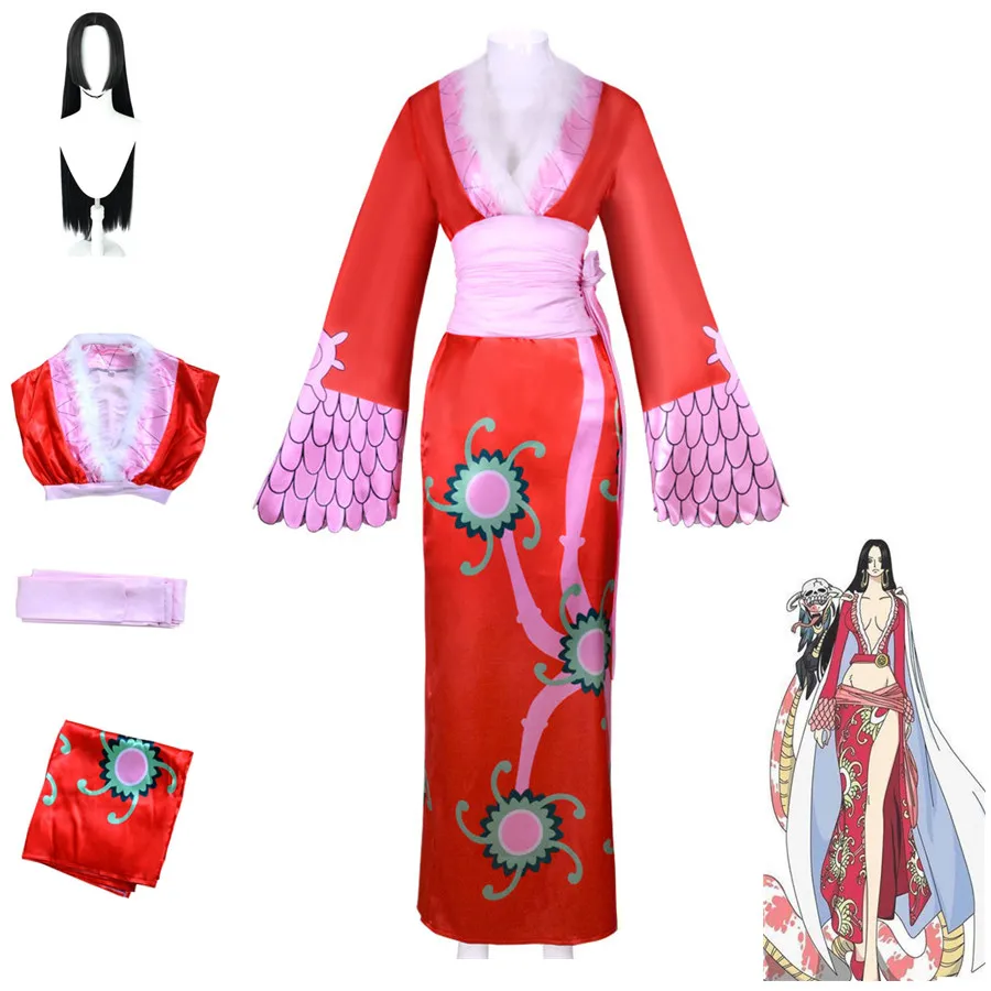 

Anime Boa·Hancock Pirate Empress Cosplay Costume Red Printing Cheongsam Wig Belt Woman Sexy Japanese Kimono Halloween Party Suit